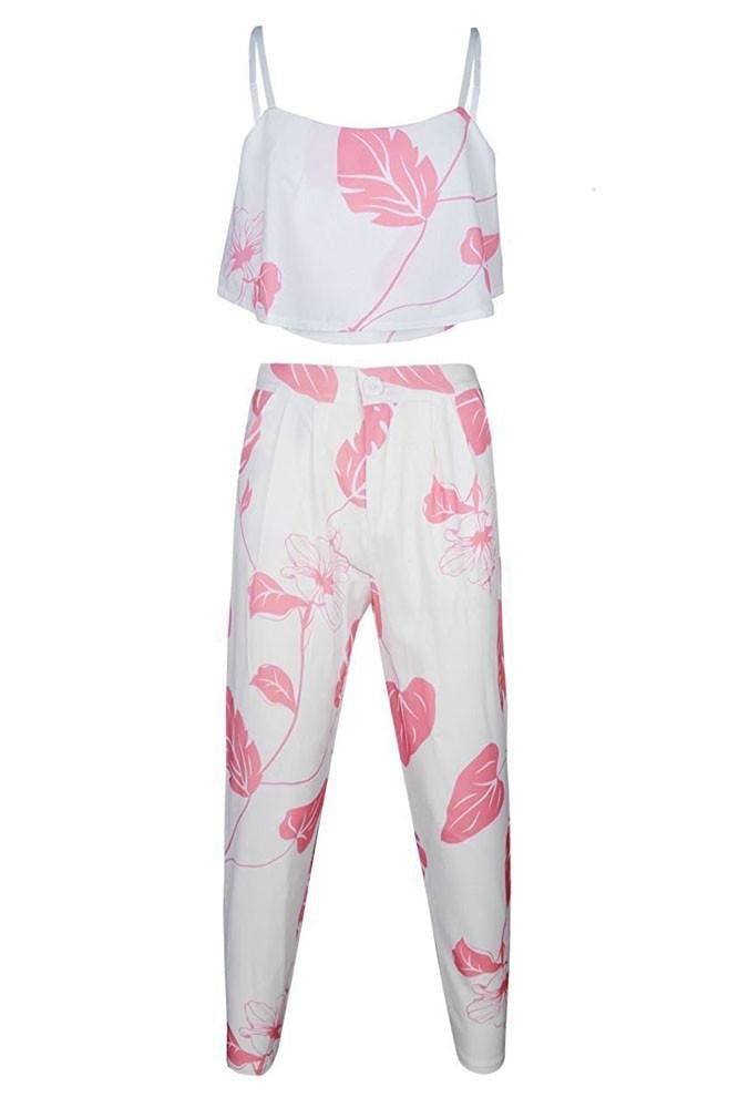 Pink Mottled Print Flounced Crop Top and Pant Set - AroundTheWineCooler