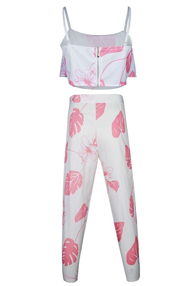 Pink Mottled Print Flounced Crop Top and Pant Set - AroundTheWineCooler
