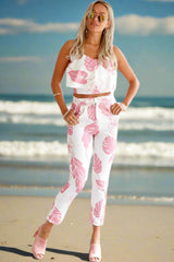 Pink Mottled Print Flounced Crop Top and Pant Set - AroundTheWineCooler