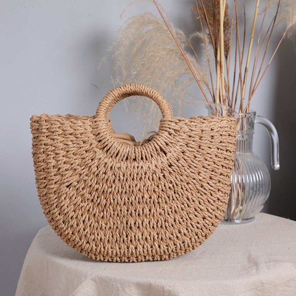 Summer Top Handle Semi Circle Straw Bag - AroundTheWineCooler