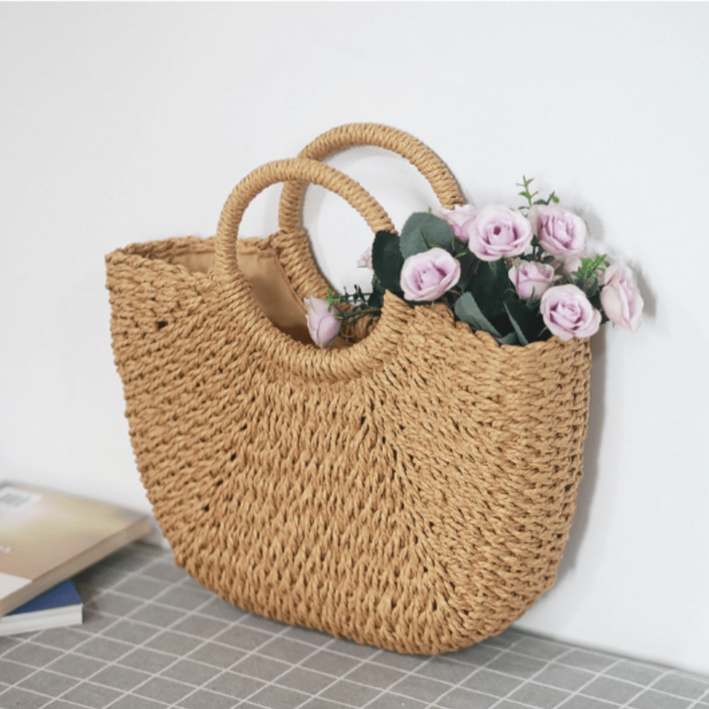 Summer Top Handle Semi Circle Straw Bag - AroundTheWineCooler