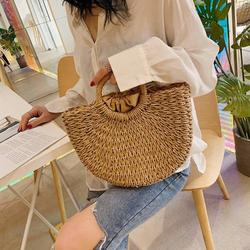 Summer Top Handle Semi Circle Straw Bag - AroundTheWineCooler