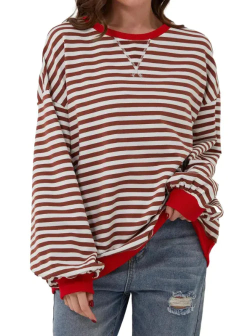 Loose Striped Long Sleeve T-shirt Casual Pullover Sweater For Womens Clothing