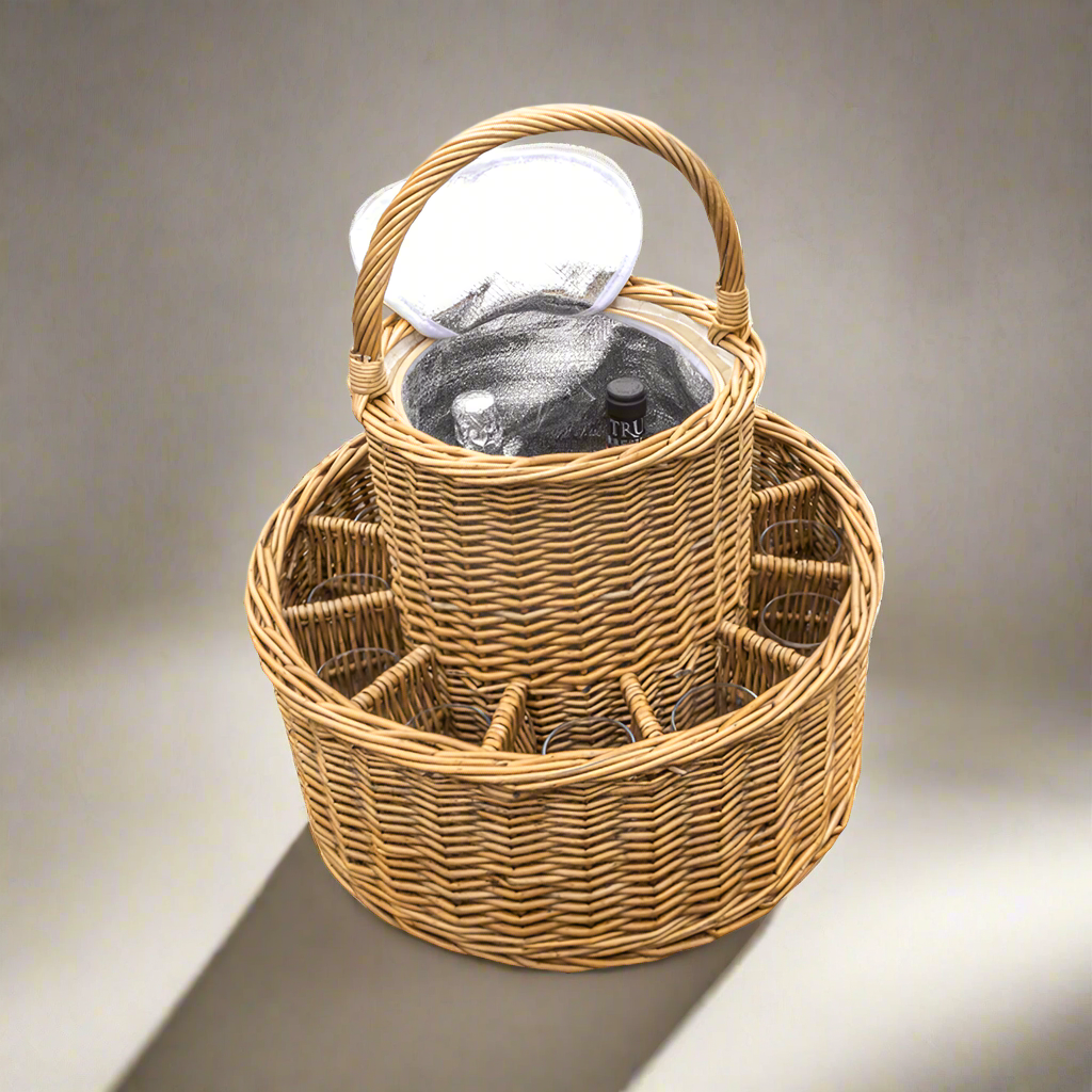 Wicker Celebration Drinks Basket with Fitted Cooler and Glasses - AroundTheWineCooler