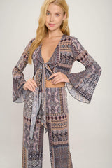 Boho Chic Bell Sleeve Crop Top and Wide Leg Pant Set - AroundTheWineCooler