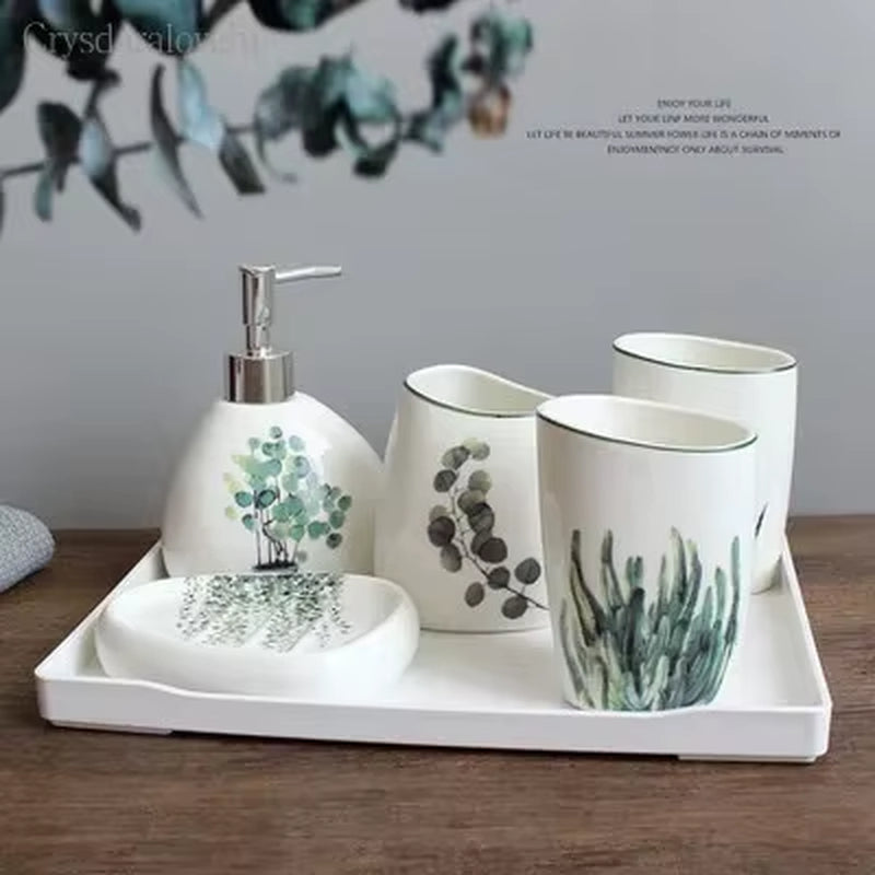 Nordic Green Plants Ceramic Bathroom Products Wedding Bath Set Ceramic Bathroom Accessories Melamine Tray Christmas