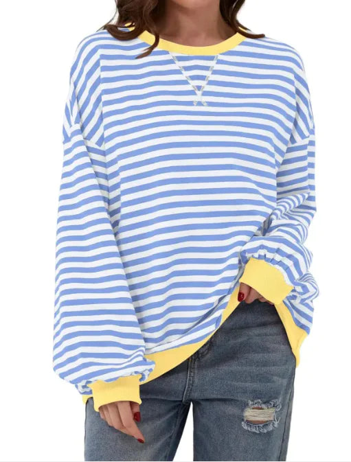 Loose Striped Long Sleeve T-shirt Casual Pullover Sweater For Womens Clothing