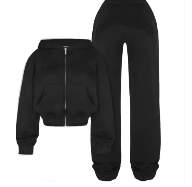 Ins Letter Sports Suit Zip-up Hooded Cropped Sweatshirt Top And Loose Drawstring Trousers Fashion Womens Clothing