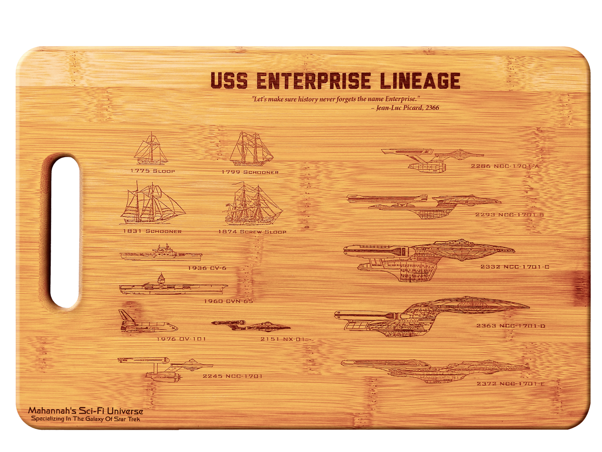 Bamboo USS Enterprise NCC - 1701 Lineage Laser Engraved Decorative - AroundTheWineCooler