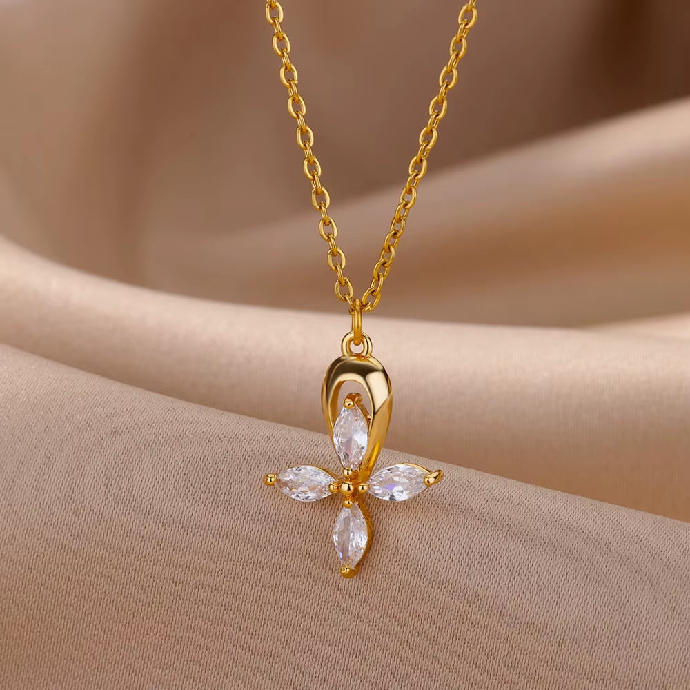 Four Leaf Clover Pendant Necklace for Women Zircon Stainless Steel Cross Necklaces New Couple Wedding Aesthetic Jewerly Collares