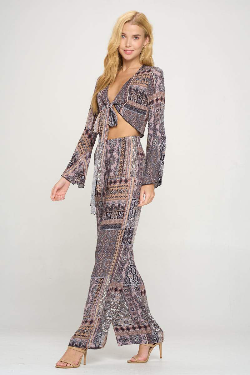 Boho Chic Bell Sleeve Crop Top and Wide Leg Pant Set - AroundTheWineCooler