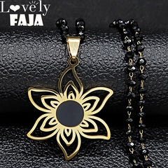 2023 Stainless Steel Gold Color Flower Necklace for Women Black Color Chain Necklace Jewerly Acero Inoxidable Joyeria N6358S03