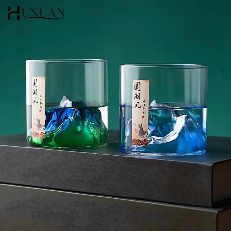 Japan 3D Mountain Whiskey Glass Glacier Old Fashioned Whisky Rock Glasses Whiskey - glass Wooden Gift Box Vodka Cup Wine Tumbler - AroundTheWineCooler