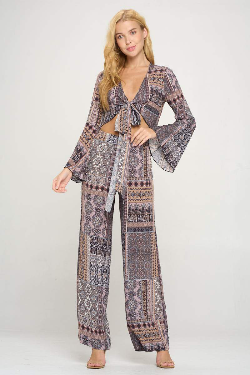 Boho Chic Bell Sleeve Crop Top and Wide Leg Pant Set - AroundTheWineCooler