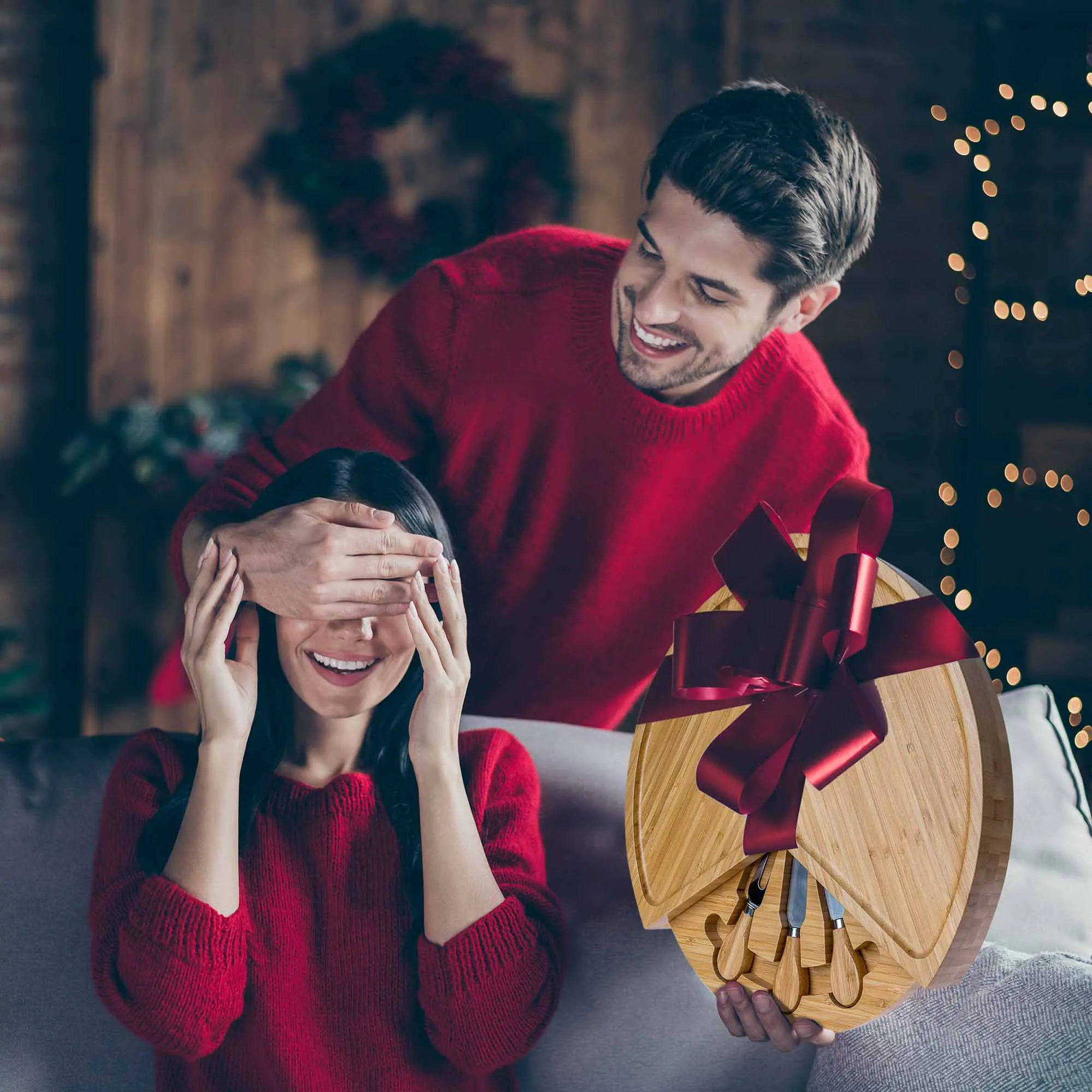 Bamboo Cheese Board and Knife Set - 14 Inch Swiveling Charcuterie Board with Slide - Out Drawer - Cheese Serving Platter, Round Serving Tray - AroundTheWineCooler