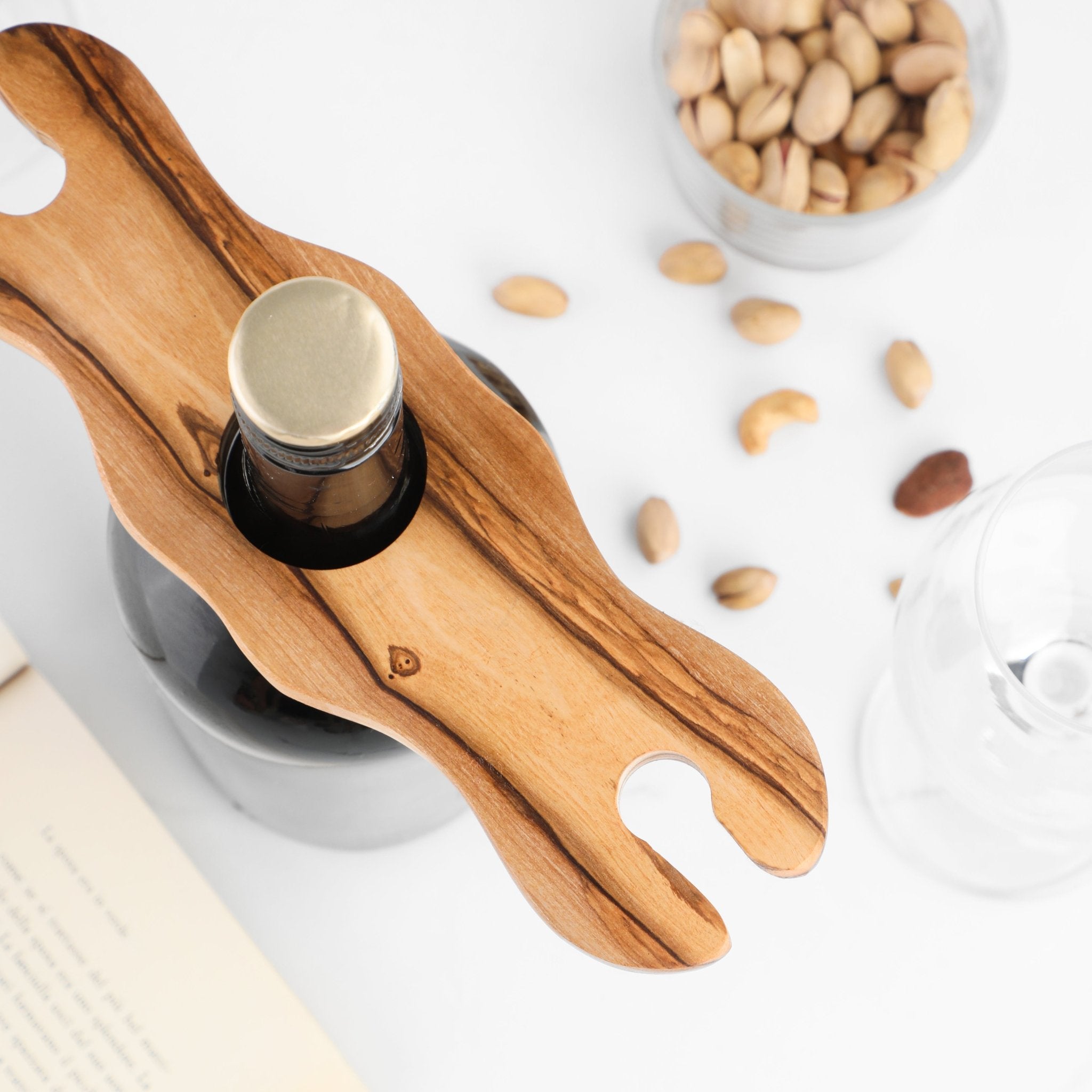 Glass and Bottle Holder – Handcrafted Olive Wood Bar Organizer - AroundTheWineCooler