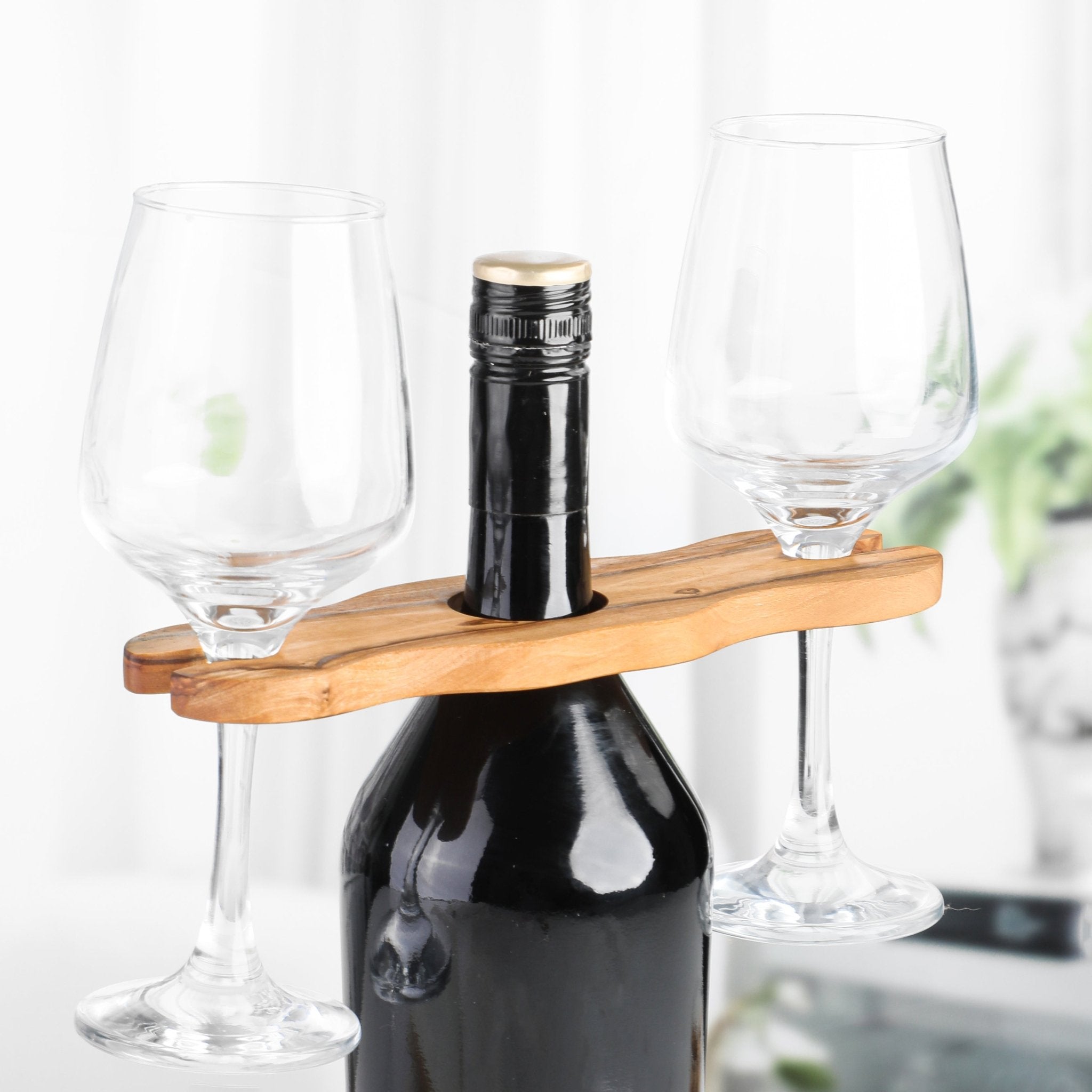 Glass and Bottle Holder – Handcrafted Olive Wood Bar Organizer - AroundTheWineCooler