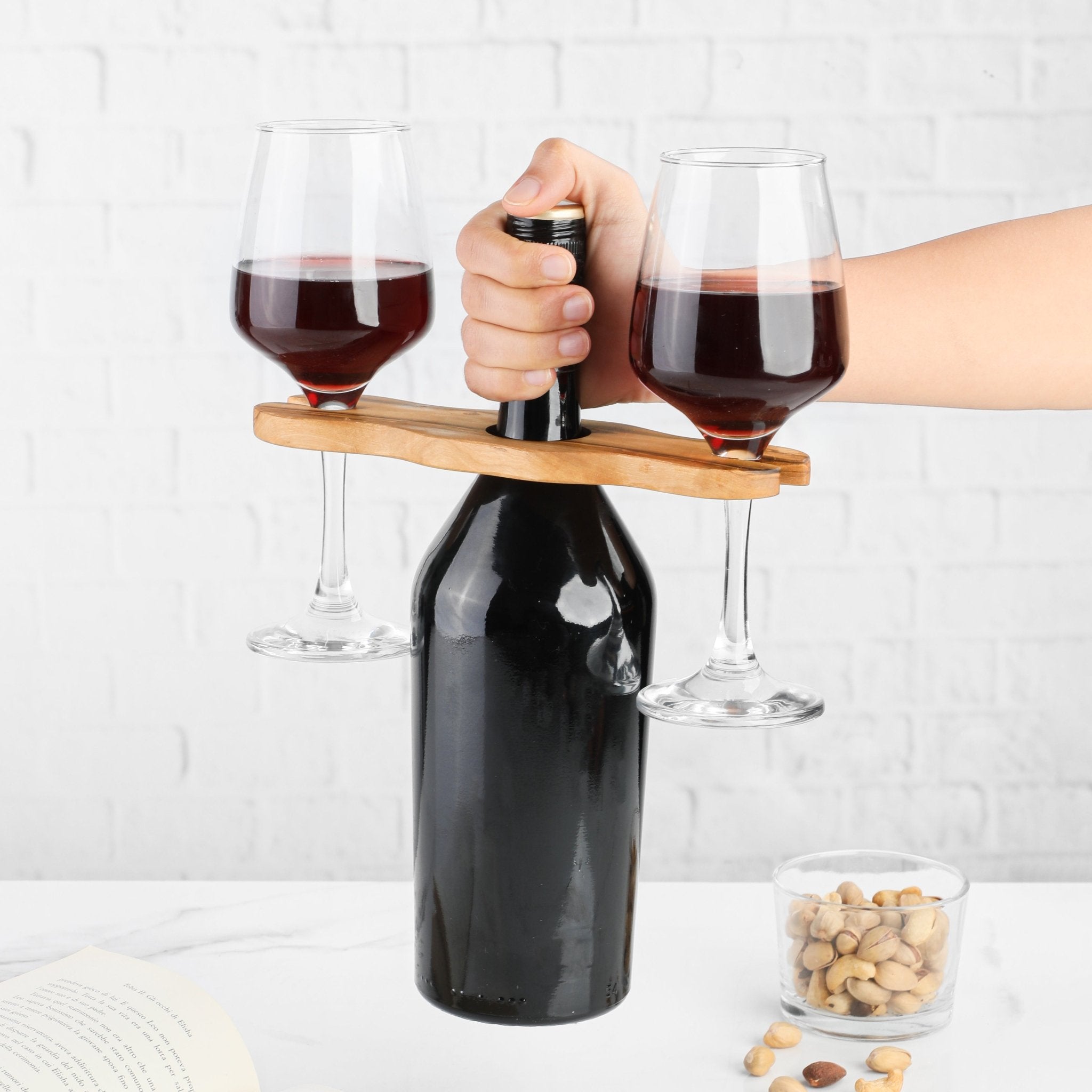 Glass and Bottle Holder – Handcrafted Olive Wood Bar Organizer - AroundTheWineCooler