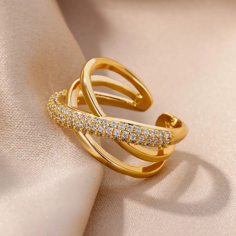 Zircon Double Crossed Shape Rings for Women Gold Plated Stainless Steel Cross Ring Luxury Wedding Couple Rings Aesthetic Jewerly