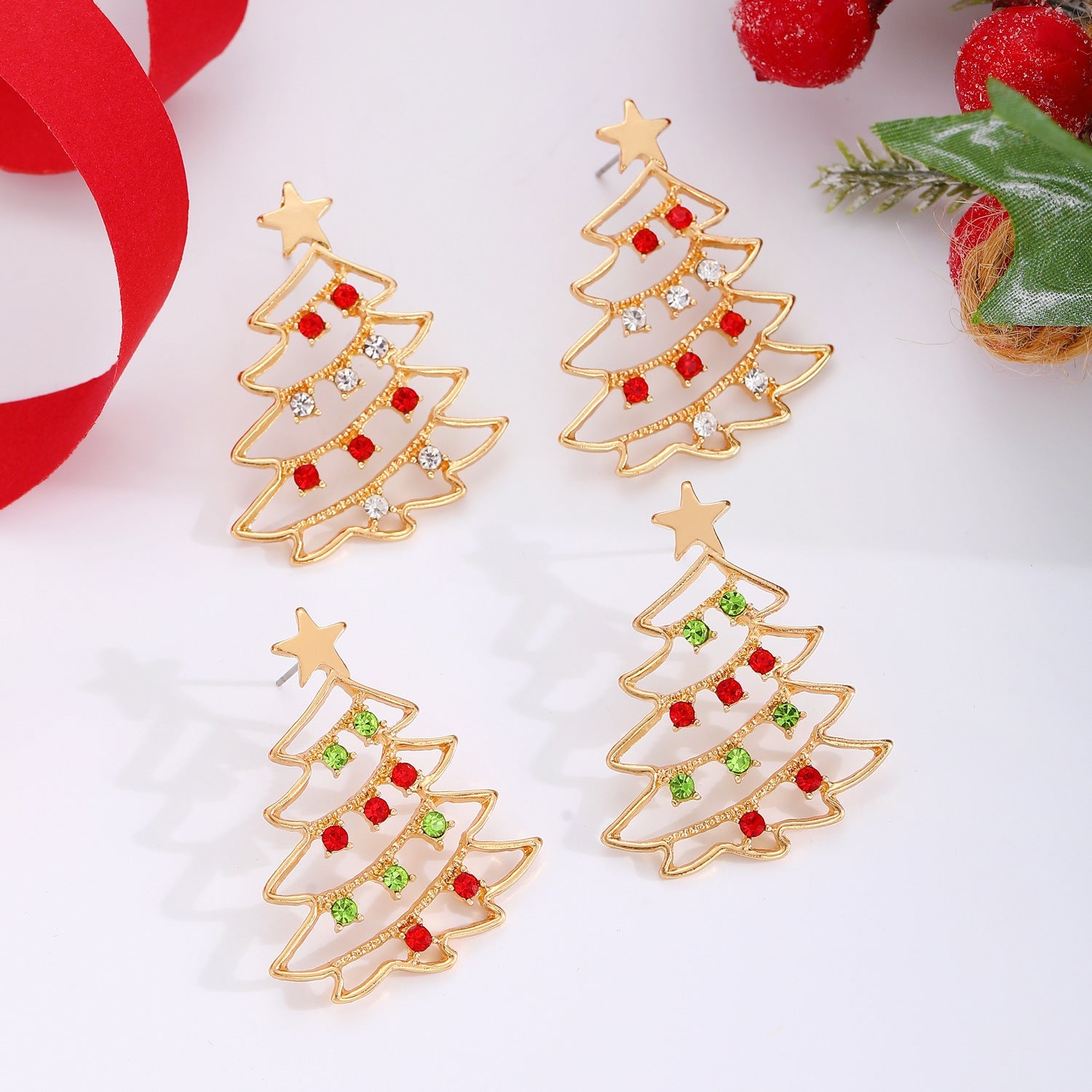 Christmas Earrings With Christmas Tree Colorful Zircon Christmas Tree