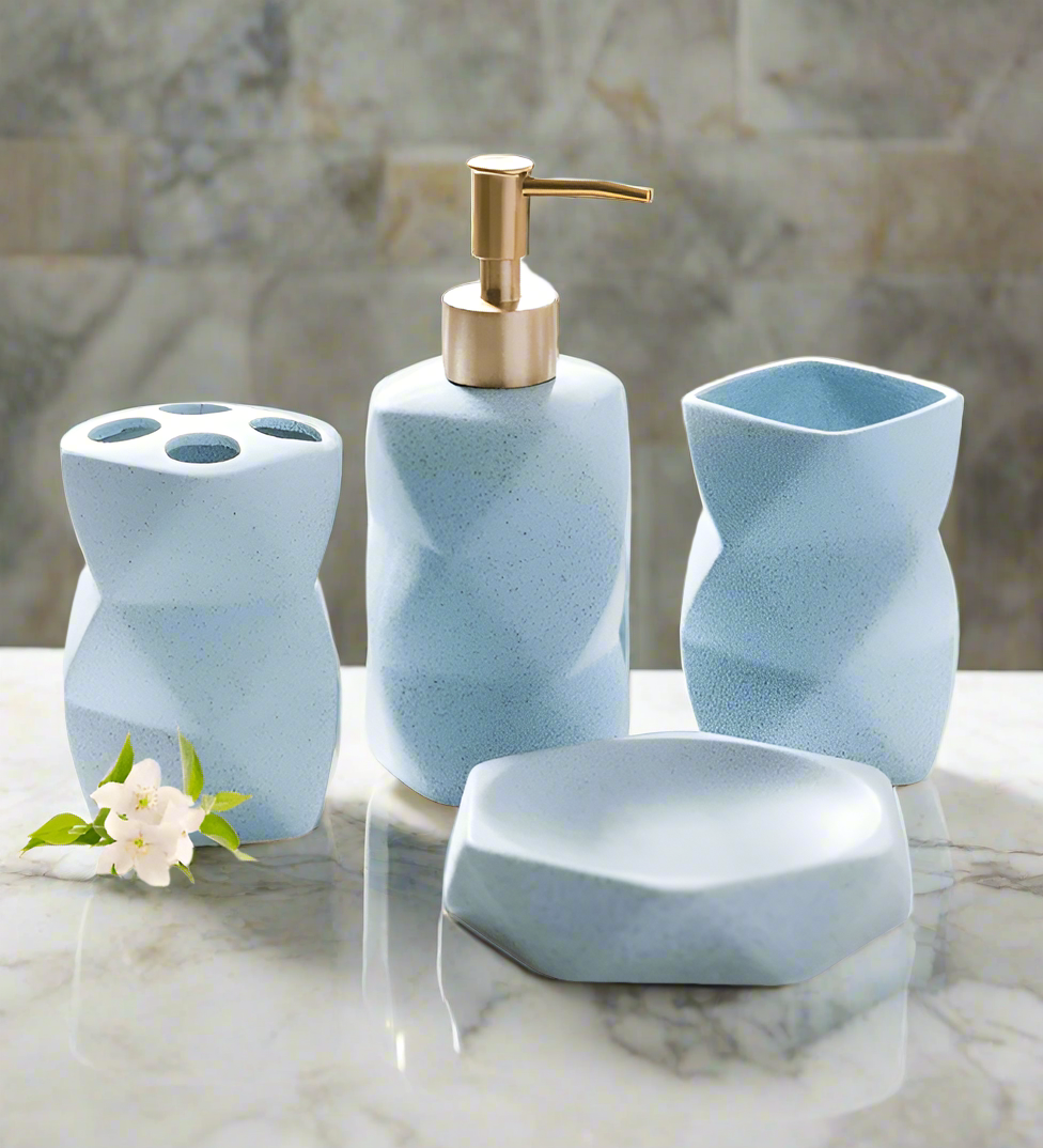 Blue 4 piece Abstract Ceramic Bath Accessories Set - AroundTheWineCooler