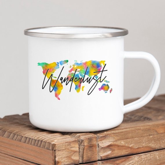Wanderlust Enamel Mug Camping Mug Happy Hiker - AroundTheWineCooler
