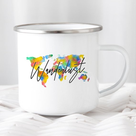 Wanderlust Enamel Mug Camping Mug Happy Hiker - AroundTheWineCooler