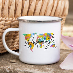 Wanderlust Enamel Mug Camping Mug Happy Hiker - AroundTheWineCooler