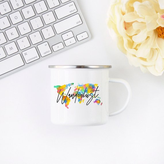 Wanderlust Enamel Mug Camping Mug Happy Hiker - AroundTheWineCooler