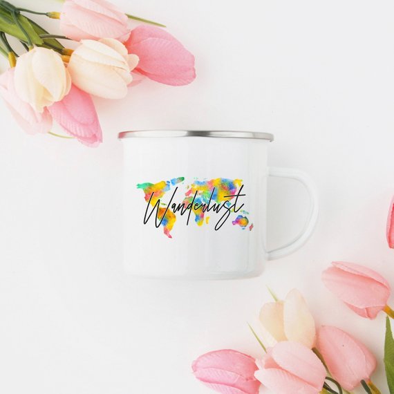 Wanderlust Enamel Mug Camping Mug Happy Hiker - AroundTheWineCooler