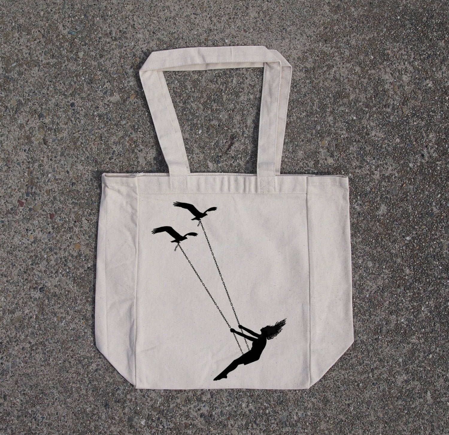 Flying bird swing - cotton canvas natural tote bag - AroundTheWineCooler