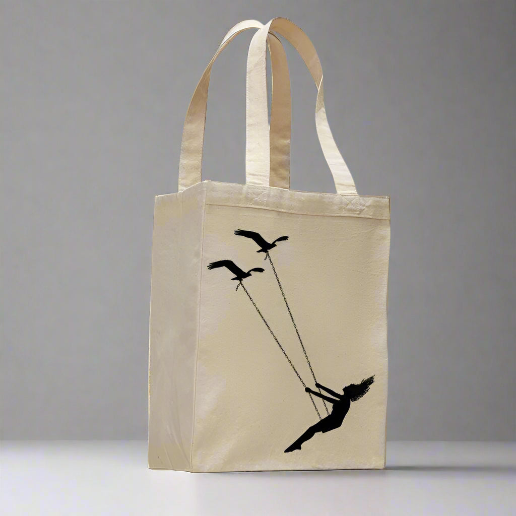 Flying bird swing - cotton canvas natural tote bag - AroundTheWineCooler