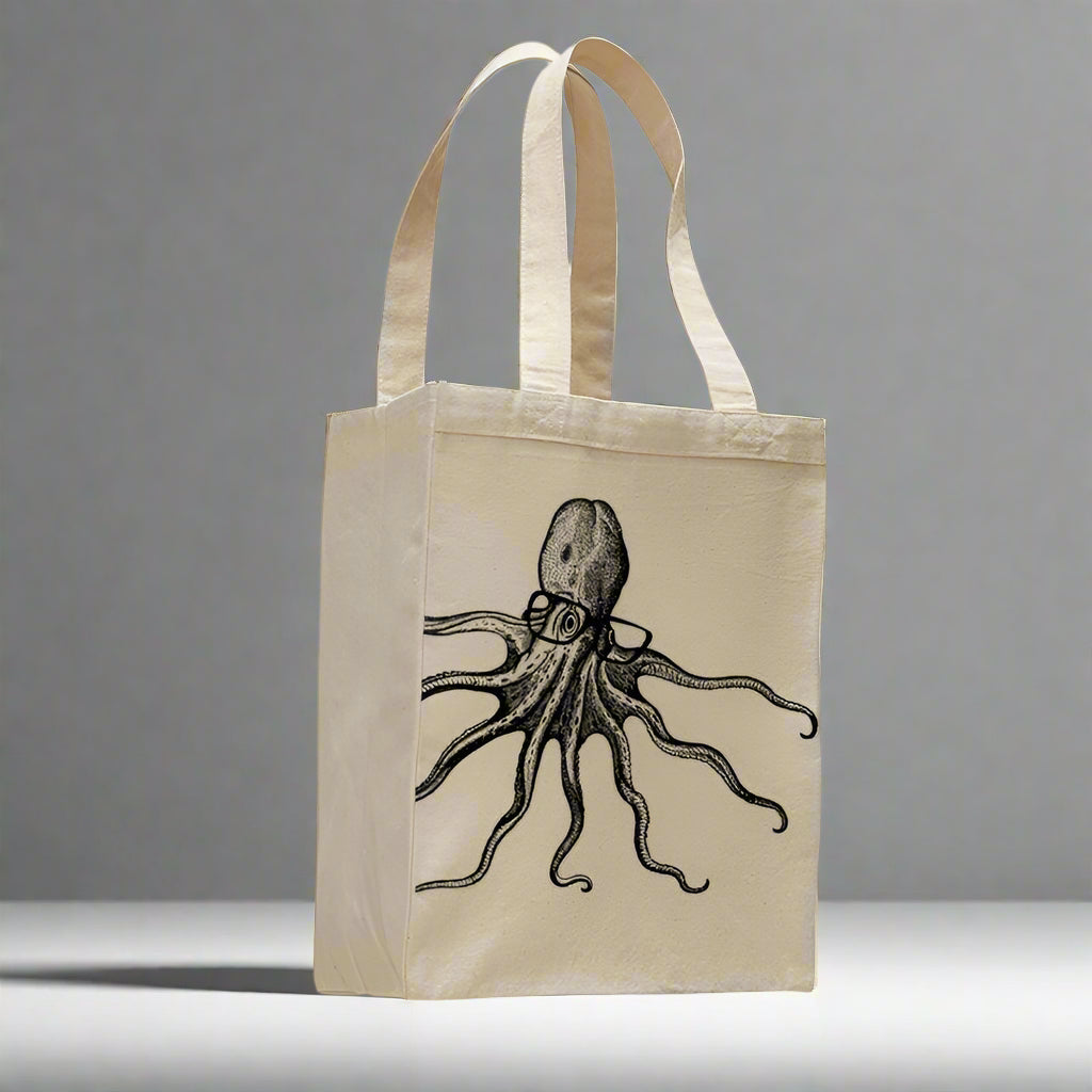 Octopus wearing glasses - cotton canvas natural tote bag - AroundTheWineCooler