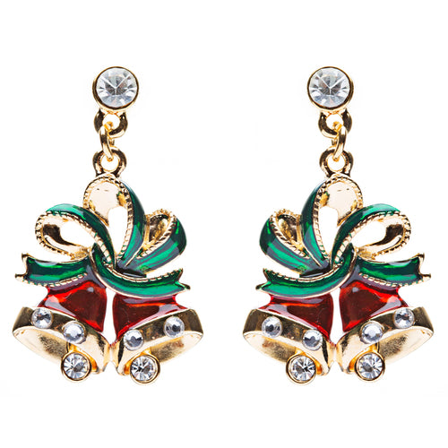 Christmas Jewelry Crystal Rhinestone Twin Bell Holiday Dangle Earrings