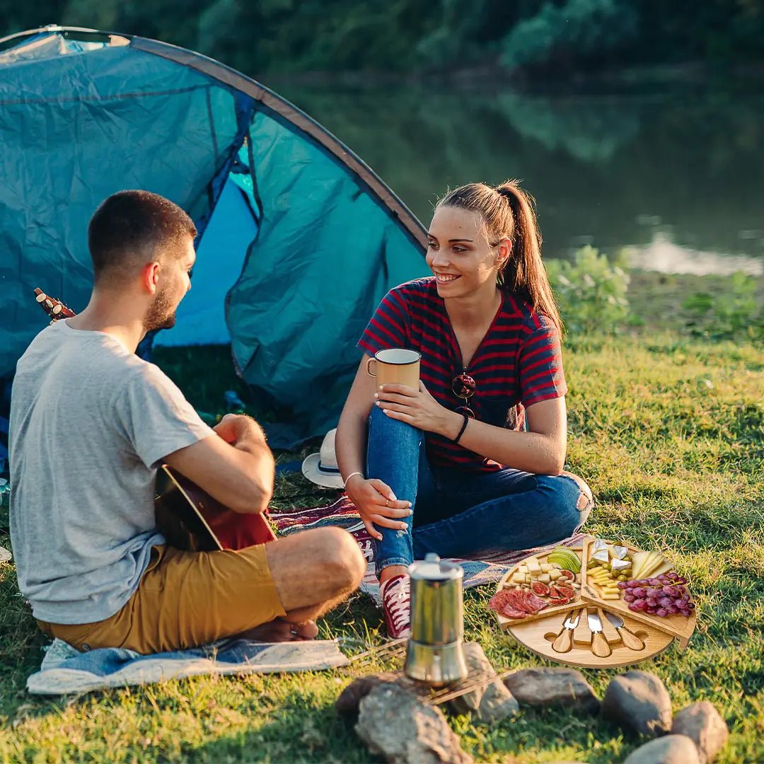 Bamboo Cheese Board and Knife Set - 14 Inch Swiveling Charcuterie Board with Slide - Out Drawer - Cheese Serving Platter, Round Serving Tray - AroundTheWineCooler