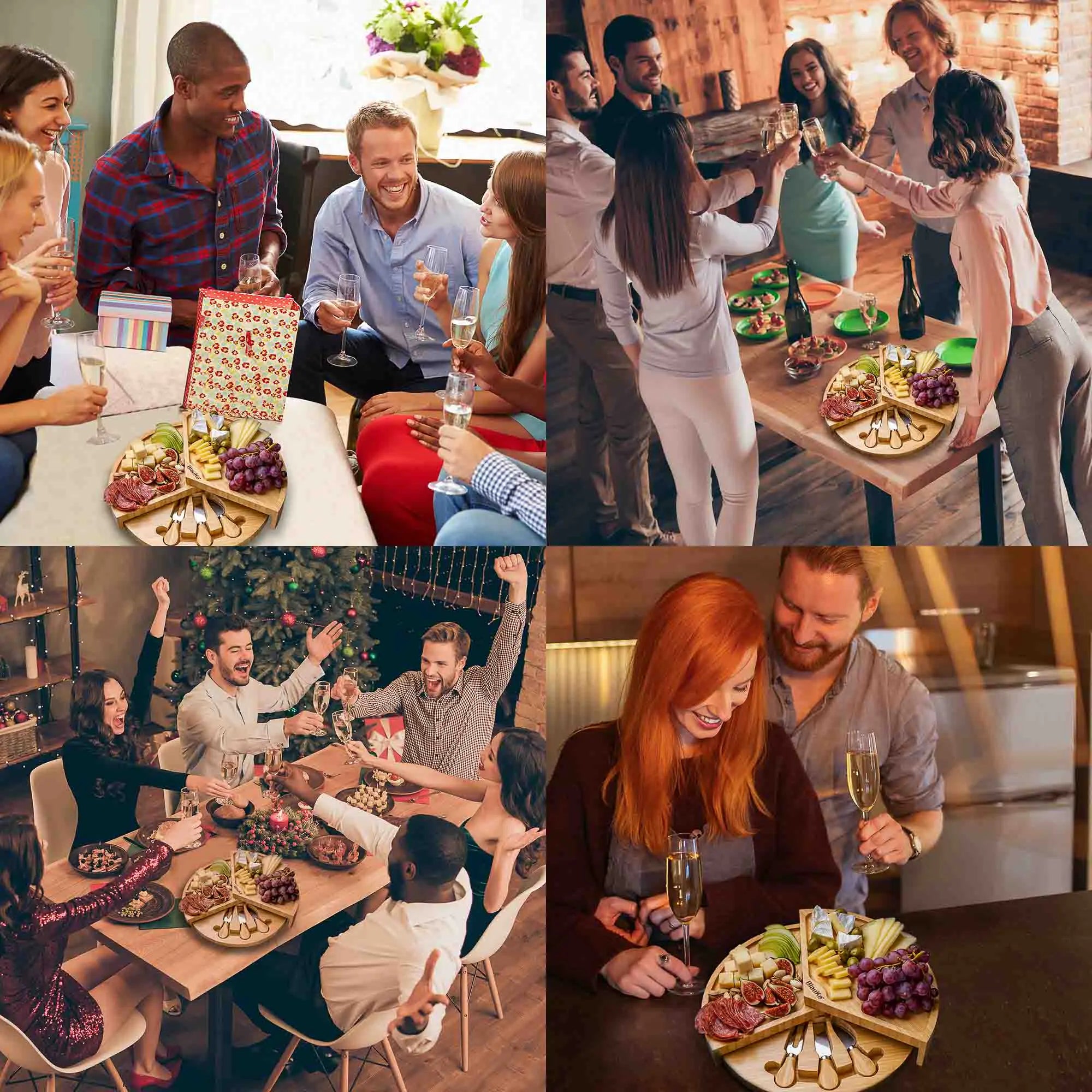 Bamboo Cheese Board and Knife Set - 14 Inch Swiveling Charcuterie Board with Slide - Out Drawer - Cheese Serving Platter, Round Serving Tray - AroundTheWineCooler