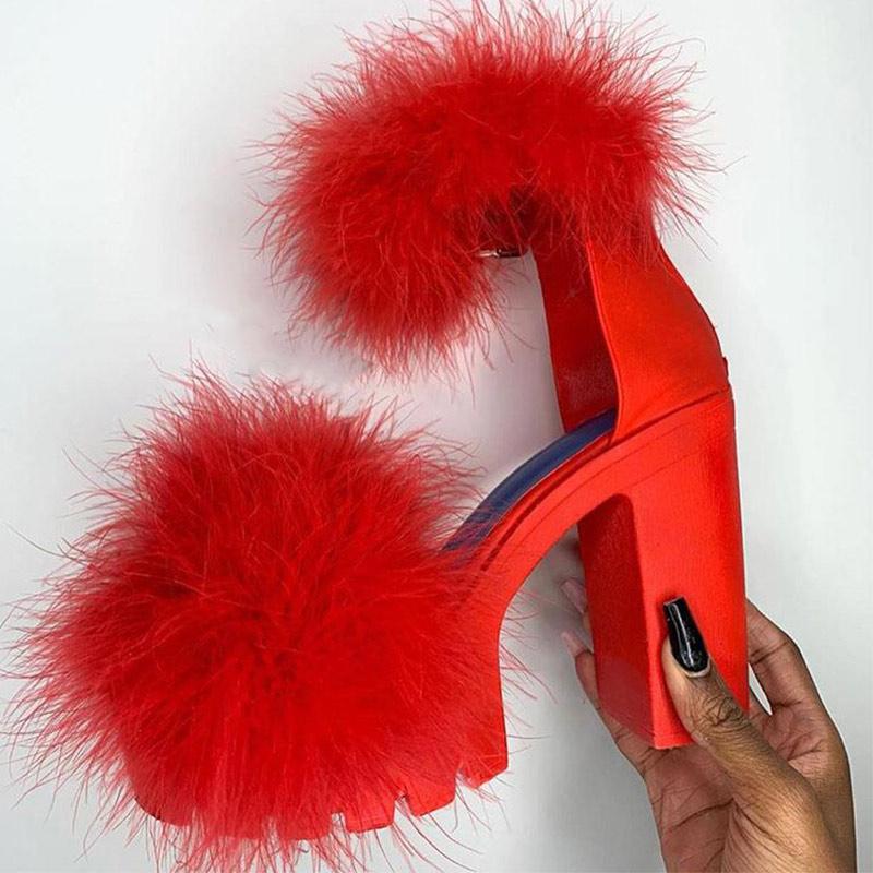 Woman Platform Fur Sandals Ladies INS Plush High Heels Female PU - AroundTheWineCooler